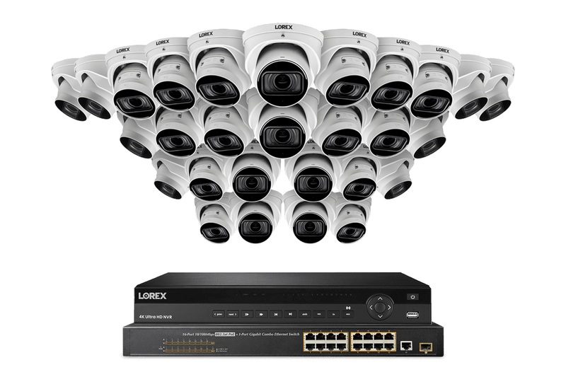 Lorex 4K (32 Camera Capable) 8TB Wired NVR System with Nocturnal 4 Smart IP Dome Cameras Featuring Motorized Varifocal Lens, Listen-In Audio and 30FPS Recording