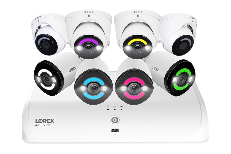 Lorex 4K+ Fusion Wired NVR System with 4 Bullet and 4 Dome IP Cameras Featuring 12MP Ultra HD and Smart Security Lighting