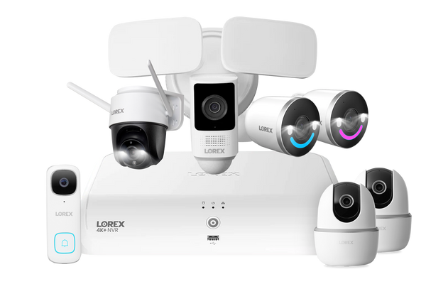 Lorex Wireless Fusion - 4K+ NVR with 2K Wired Doorbell, Outdoor Pan-Tilt Camera, Wi-Fi Floodlight Camera, Two 4K Wi-Fi 6 Outdoor Cameras and Two Indoor Pan-Tilt Cameras