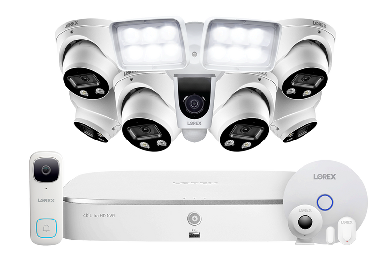 8-Channel NVR Fusion System with Six 4K Smart Deterrence IP Dome Security Cameras, 2K Wi-Fi Video Doorbell, Wi-Fi Floodlight Camera and Smart Sensor Starter Kit