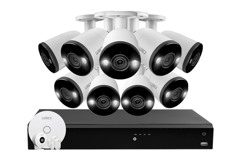 Lorex 4K (16 Camera Capable) 4TB Wired NVR System with 9 Smart Deterrence Cameras and Smart Sensor Kit