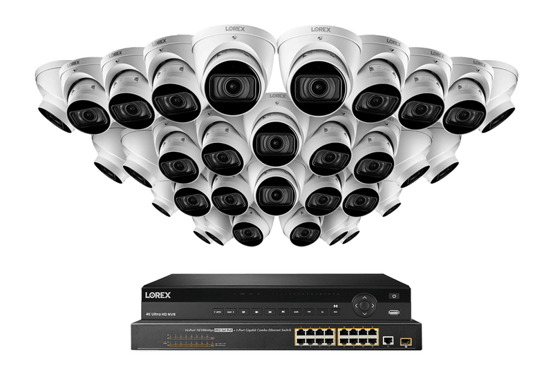 32-Channel Nocturnal NVR System with Thirty-Two 4K (8MP) Smart IP Optical Zoom White Dome Security Cameras with Real-Time 30FPS Recording and Listen-in Audio