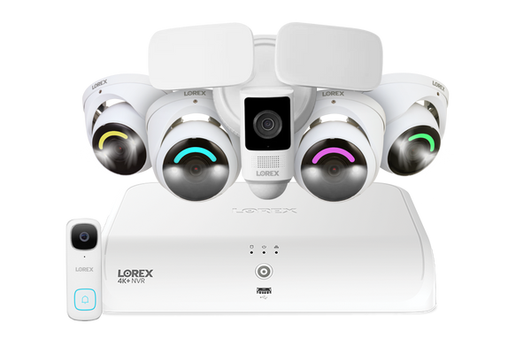 Lorex Fusion 4K 16 Camera Capable (8 Wired + 8 Fusion Wi-Fi) 2TB NVR System with Four H16 IP Dome Cameras, One 2K Wired Doorbell, and One 2K Floodlight