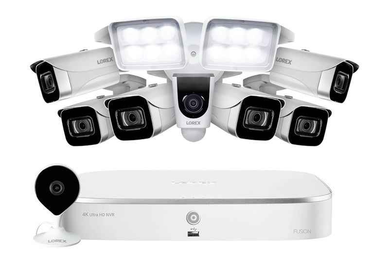 8-Channel NVR Fusion System with Six 4K (8MP) IP Cameras, HD Smart Indoor Wi-Fi Security Camera and Wi-Fi Floodlight Camera