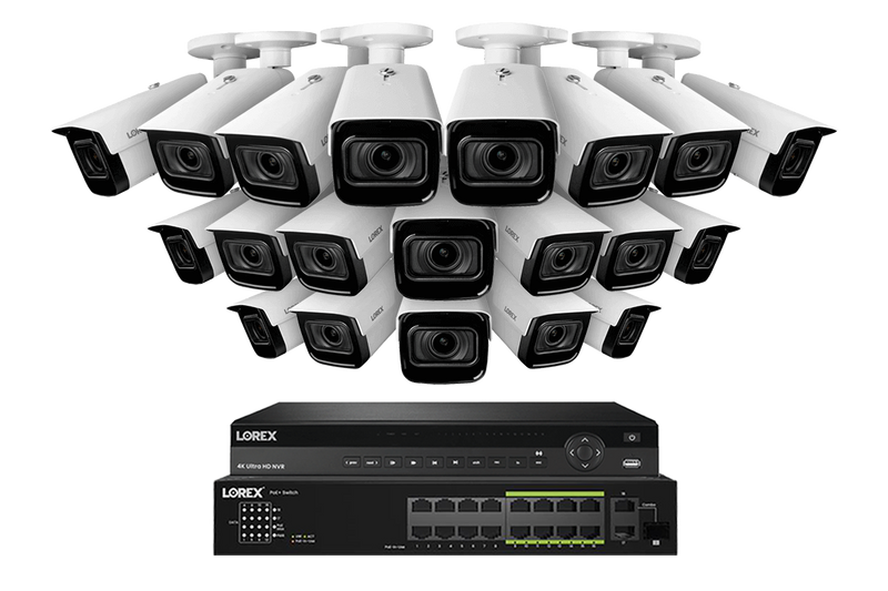 Lorex 4K (32 Camera Capable) 8TB Wired NVR System with Nocturnal 3 20 White Smart IP Bullet Cameras Featuring Motorized Varifocal Lens and 30FPS Recording