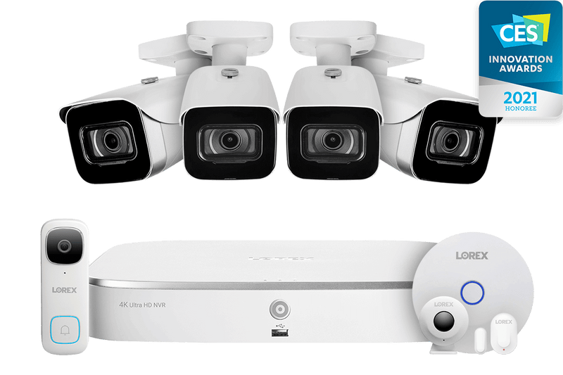 8-Channel NVR Fusion System with Four 4K (8MP) IP Cameras, 2K Wi-Fi Video Doorbell, and Smart Sensor Starter Kit