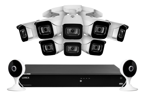 Lorex Fusion 4K (16 Camera Capable) 3TB Wired NVR System with 8 IP Bullet Cameras and Two 2K Indoor Wi-Fi Cameras