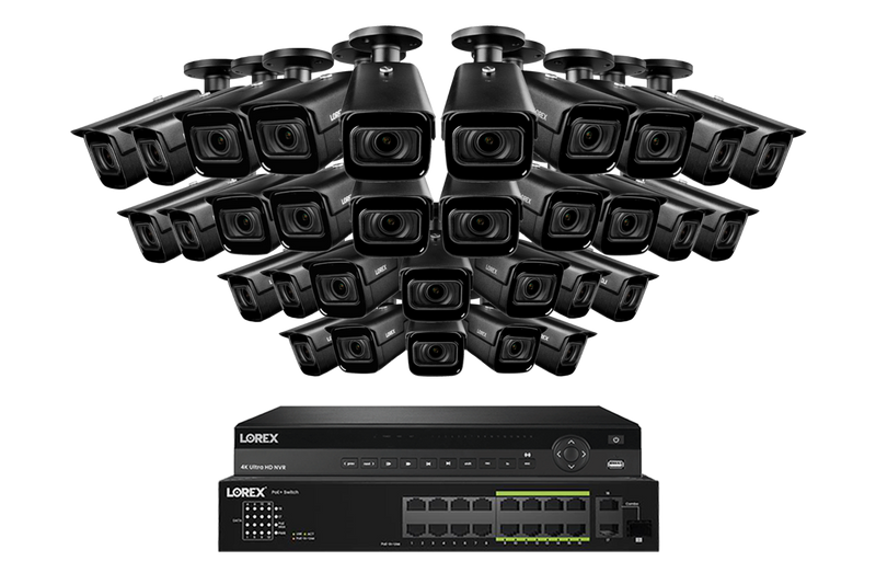 Lorex 4K (32 Camera Capable) 8TB Wired NVR System with Nocturnal 3 32 Black Smart IP Bullet Cameras Featuring Motorized Varifocal Lens and 30FPS Recording