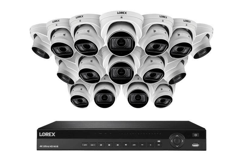 Lorex 4K (16 Camera Capable) 4TB Wired NVR System with Nocturnal 4 Smart IP Dome Cameras Featuring Motorized Varifocal Lens, Listen-In Audio and 30FPS - White 16