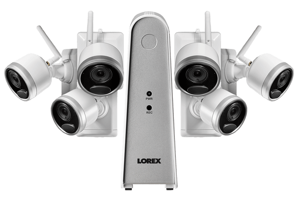 1080p Wire Free Camera System with Six Battery-Powered White Cameras, 65ft Night Vision, Two-Way Audio