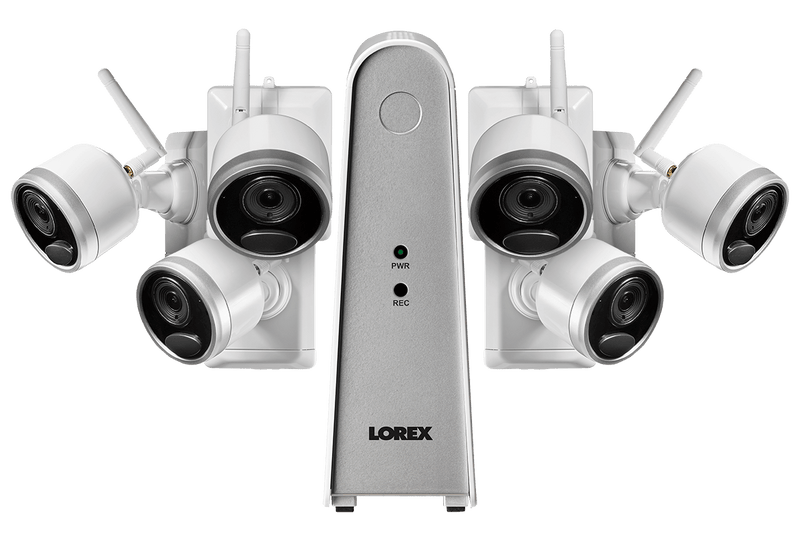 1080p Wire Free Camera System with Six Battery-Powered White Cameras, 65ft Night Vision, Two-Way Audio