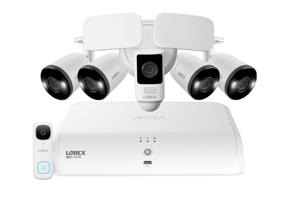 Lorex Fusion 4K 16 Camera Capable (8 Wired + 8 Fusion Wi-Fi) 2TB NVR System with Four H13 IP Bullet Cameras, One 2K Battery Operated Doorbell, and One 2K Floodlight