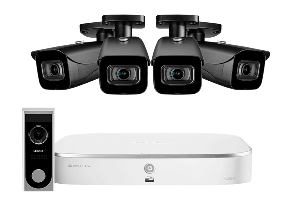 8-Channel NVR Fusion System with Four 4K (8MP) IP Cameras and a Wi-Fi Video Doorbell