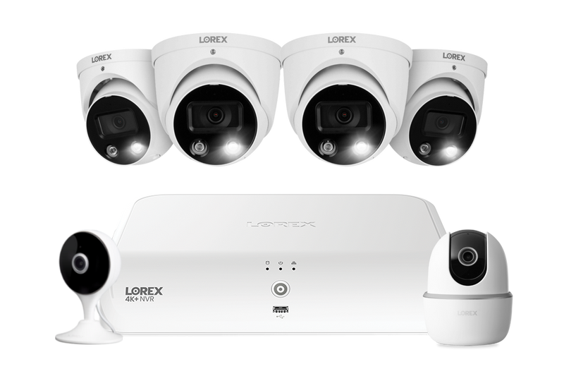 Lorex Fusion 4K 16 Camera Capable (8 Wired + 8 Fusion Wi-Fi) 2TB NVR System with Four H13 IP Dome Cameras, One 2K Pan-Tilt Cmaera, and One 2K Indoor Wi-Fi Camera