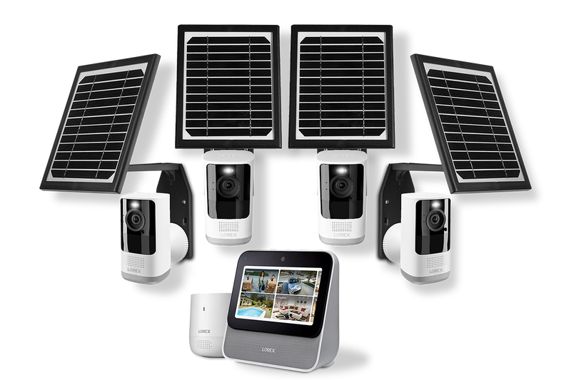 Lorex Smart Home Security Center with Four 2K Battery Operated-Cameras, Range Extender and Solar Panels