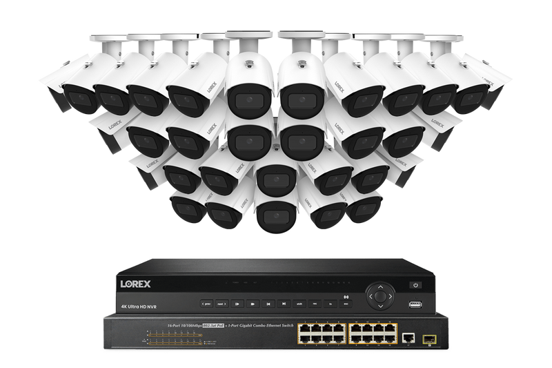 Lorex Pro Series 4K 32 Camera Capable 8TB Wired NVR System with 4MP (2K) A4 IP Bullet Cameras - White 32
