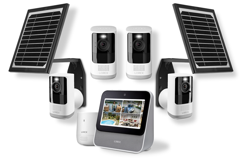 Lorex Smart Home Security Center with Four 2K Battery Operated-Cameras, Range Extender and Solar Panels