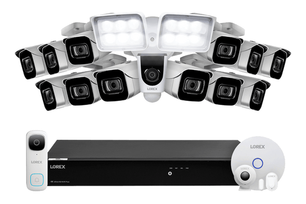 Lorex Fusion 4K (16 Camera Capable) 3TB Wired NVR System with 12 IP Bullet Cameras, 2K Video Doorbell, One 1080P Floodlight and Smart Sensor Kit - Lorex Corporation