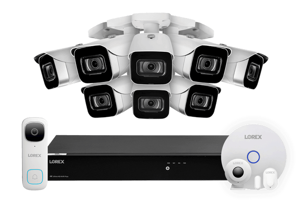 Lorex Fusion 4K (16 Camera Capable) 3TB Wired NVR System with 8 IP Bullet Cameras, 2K Video Doorbell and Smart Sensor Kit - Lorex Corporation